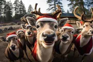 Deurstickers a group of Christmas deer in a New Year's costume takes a selfie humor © Aksana