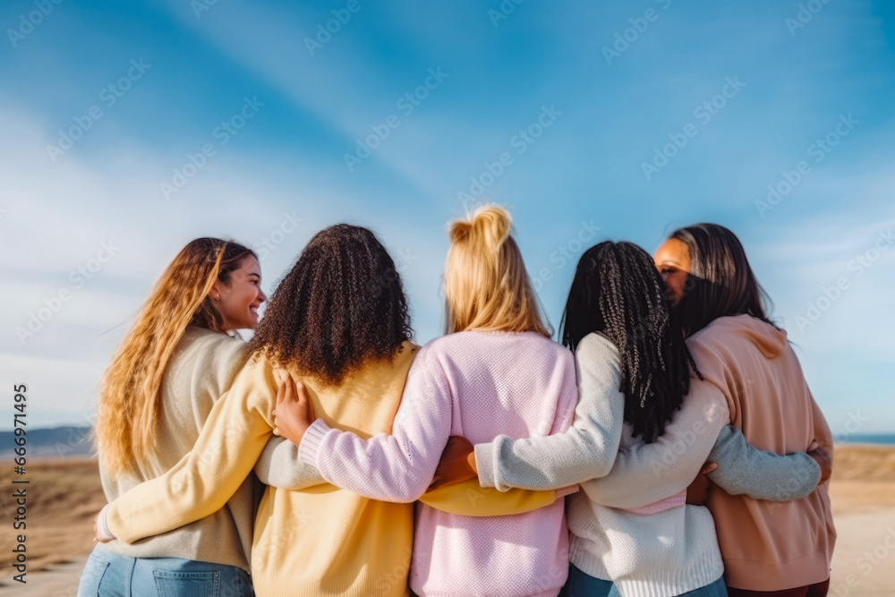 Wall mural rear view of young group of happy multiracial friends hugging. group of friends supporting each othe