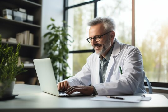 Cheerful Middle-Aged Doctor Engaged in Digital Work. Generative ai - Powered by Adobe