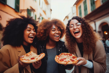 Three young multi racial women laughing and eating pizza together in a city. Girls on a road trip in Italy having fun and enjoying life. - obrazy, fototapety, plakaty