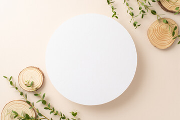 Nature tenderness concept. Top view photo of empty circle surrounded by branches of eucalyptus and round wooden stands on isolated pastel background with copy-space - obrazy, fototapety, plakaty