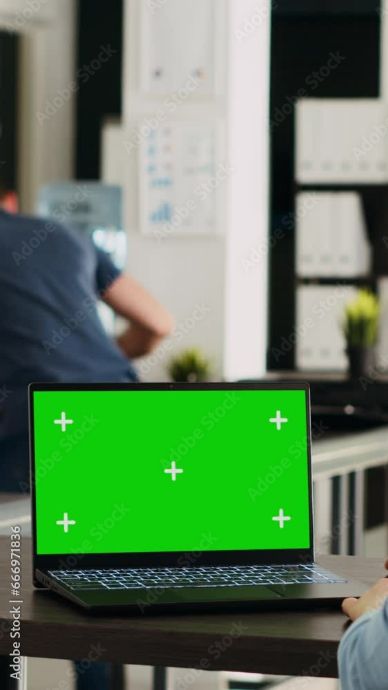 Poster vertical video team leader analyzes greenscreen display on laptop, working on business operations in