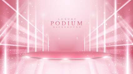 Empty podium silver on pink background with light neon effects with bokeh decorations. Luxury scene design concept.