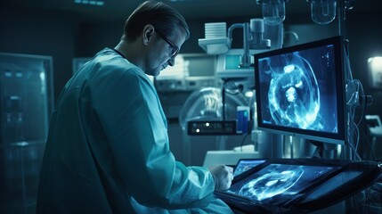 Obraz premium Doctor and monitoring his patient's vitals, doctor and surgeon's image on the operating room monitor