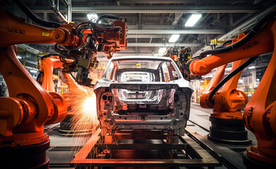Factory Assembly Line Producing Modern Cars in High Volume.	