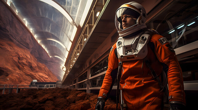 Close-up of a handsome Mars colonist inside a futuristic habitat on the surface of planet mars looking outside space
