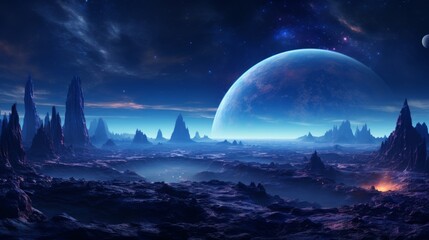 Futuristic hyper space landscape with distant galaxies