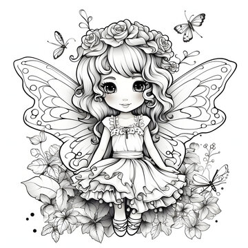 recommend clip art: Cute cartoon little fairy outlined for coloring on white background