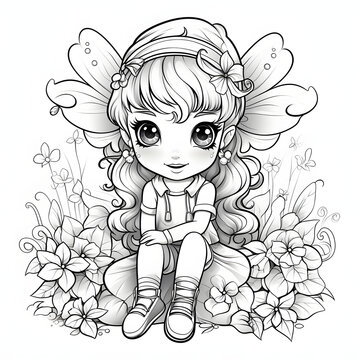 Cute cartoon little fairy outlined for coloring on white background