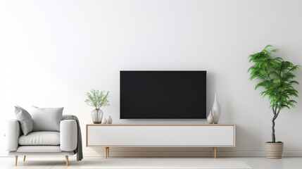 Minimal design Smart TV on white wall in living room