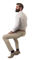 Back view of an Isolated sitting handsome young man wearing a white shirt and beige chino trousers, cutout on transparent background, ready for architectural visualisation.