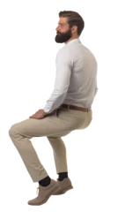 Foto op Canvas Back view of an Isolated sitting handsome young man wearing a white shirt and beige chino trousers, cutout on transparent background, ready for architectural visualisation. © Michael