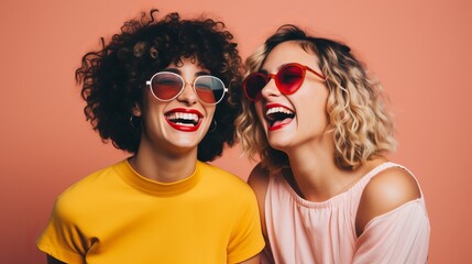 Funny best friends laughing cheerfully while standing together in a studio