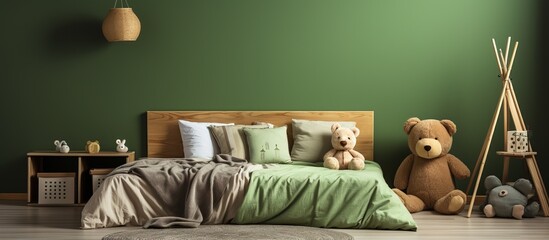 Contemporary boy s bedroom with green and brown pillows and dolls on the bed