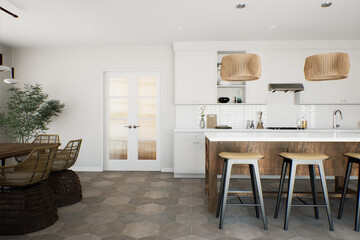 White kitchen with wood island and patterned wood fixtures with kitchen appliances and utensils. 