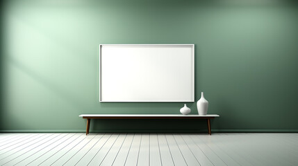 Creative interior concept, green empty wall room with white product stand.