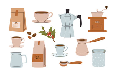 Set of cozy coffee bean and accessories. Brewing methods. Cappuccino cup, packaging, grinder, cezve, geyser, latte vector illustrations.