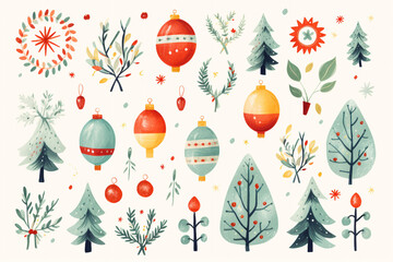 A collection of Christmas trees and ornaments on a white background.