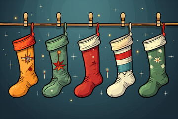 Five Christmas stockings hanging on a clothesline