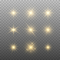 Gold color shining star collection. Vector flashing lights set