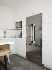 White kitchen with refrigerator and kitchen utensils. 