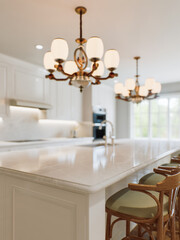 Kitchen white countertop with white marble, with blurred bokeh background. 