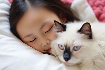Asia kid girl playing with cat