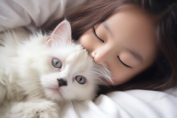 Asia kid girl playing with cat