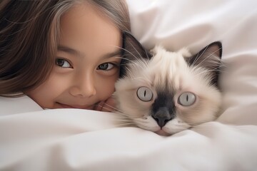 Asia kid girl playing with cat