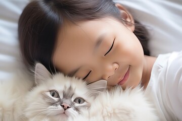 Asia kid girl playing with cat