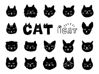 手描きの猫アイコンセット　モノクロ