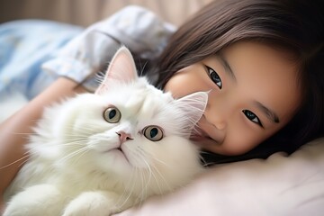 Asia kid girl playing with cat
