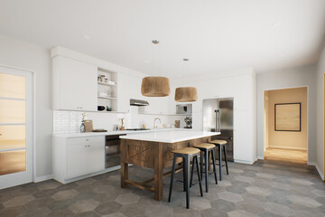 White kitchen with wood island and patterned wood fixtures with kitchen appliances and utensils. 