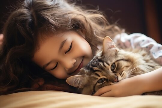 Asia kid girl playing with cat