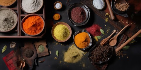 Obraz na płótnie Canvas colorful indian hot spices and herbs powder photography for gourmet