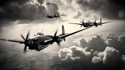 A vintage monochromatic photograph featuring Lancaster bombers used during the Battle of Britain in World War Two - obrazy, fototapety, plakaty