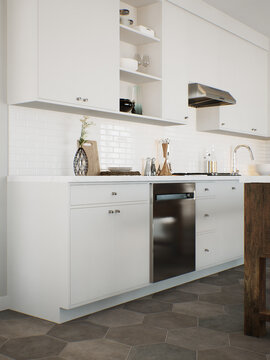 White kitchen with accent dishwasher and kitchen utensils. 
