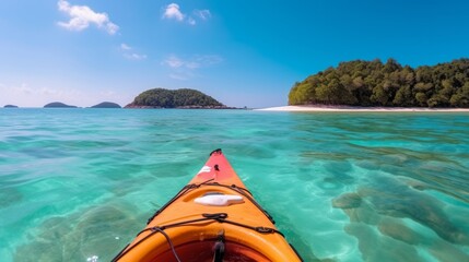 Experiencing the perspective of a kayaker paddling towards a tropical paradise island surrounded by crystal-clear turquoise waters