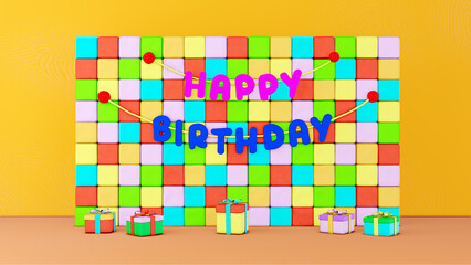 3d illustration, Cartoon Happy Birthday lettering hanging on the colorful brick wall and gift boxes on the floor in plasticine, polymer clay, clay doh, play doh texture on white background.