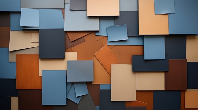 Colorful cardboard sheets arranged from above in shades of brown, grey, and blue © Chingiz