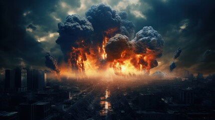 Fototapeta na wymiar Imagery portraying the concept of a nuclear apocalypse, capturing the detonation of a nuclear bomb within an urban setting. The city is devastated by atomic warfare