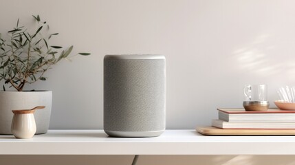 A home environment featuring a smart wireless speaker for music playback, set against a background in shades of gray - obrazy, fototapety, plakaty