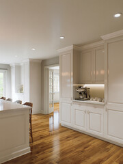 Traditional white kitchen with long island and wooden chairs with varnished wood flooring. 