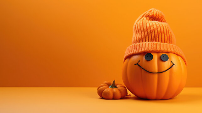 Carved Pumpkin in Knitted Hat: Combining autumnal vibes with cozy winter warmth | Isolated with empty space for copy.