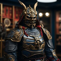 Fototapeta premium Suit Armor of Samurai display on the table with japanese background
