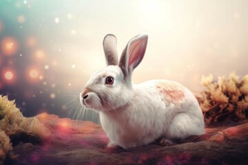 Rabbit white color appearing lost in nature. Cute animal pet alone sitting. Generate Ai