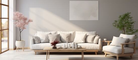 Fototapeta na wymiar Scandinavian illustration of a white sofa in a living room