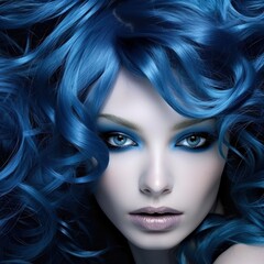 fashion blue nova trendy color. portrait of a model girl with blue hair