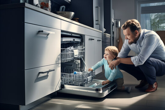Child helping father with the dishwasher - Powered by Adobe