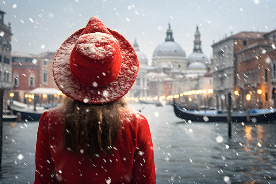 Fictional snowing in Venice city, girl in red hat standing back on the christmas atmosphere background